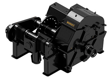 Close-up photo of a black industrial winch system called the High Performance Markey Render/Recover® Winch Systems
