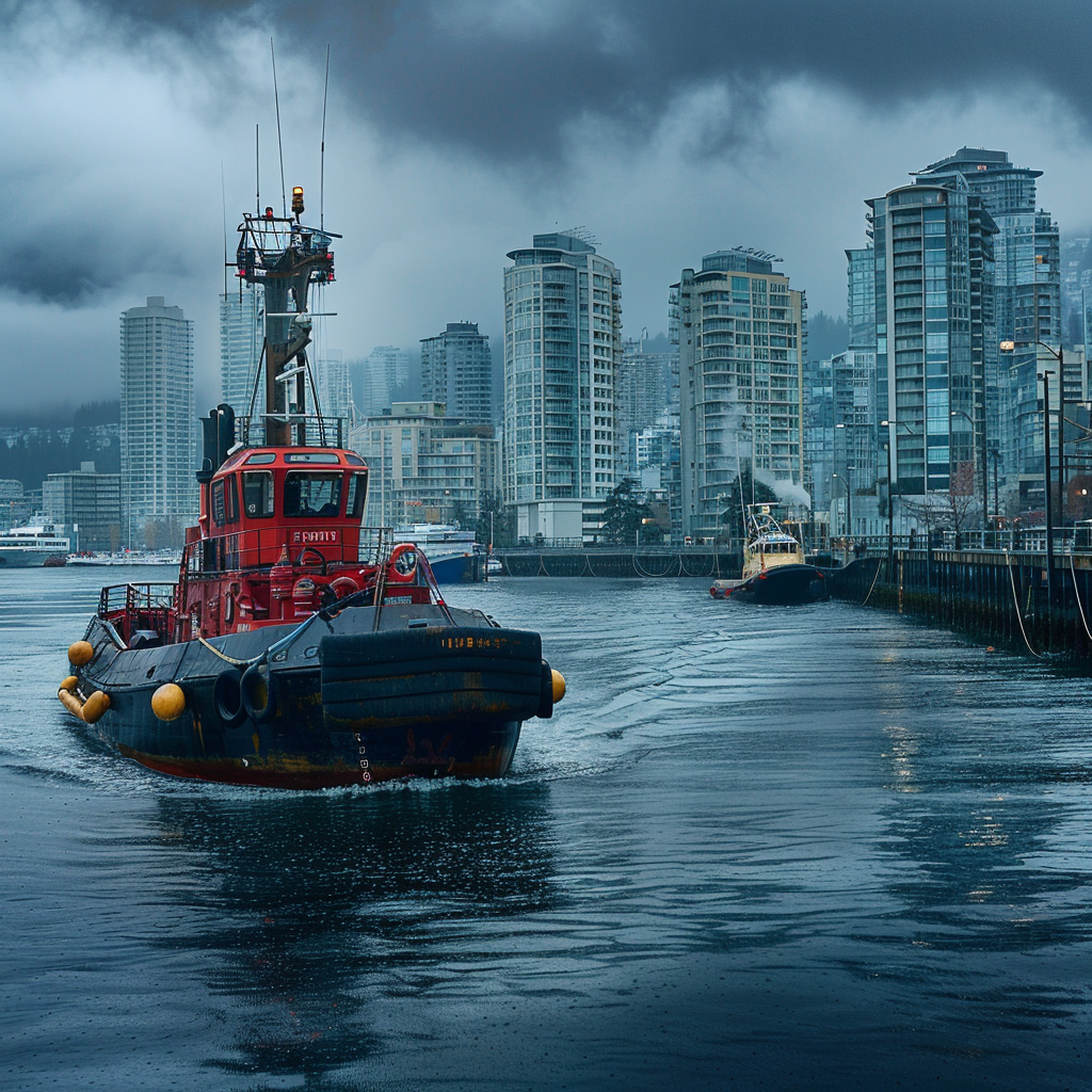 A red tugboat navigates the calm waters of a harbor under a cloudy sky, with a backdrop of modern high-rise buildings. The scene captures a blend of industrial and urban elements, highlighting the cityscape of Vancouver.